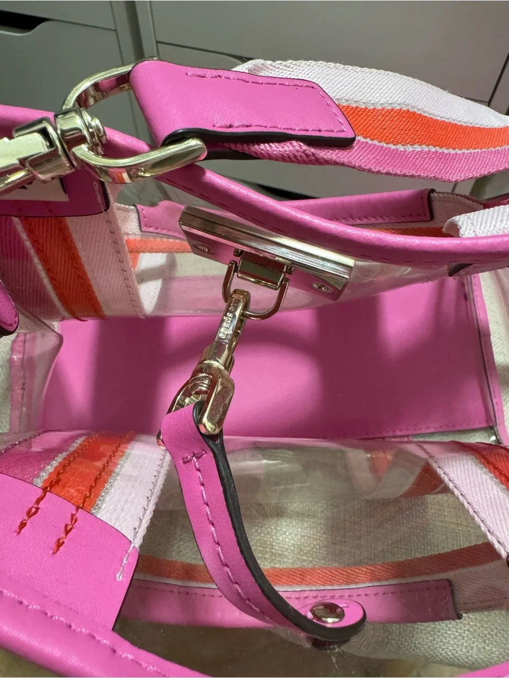 Kate Spade Clear Tote Bag with Pink Trim and Striped Strap